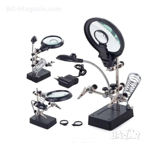 Мощна увеличителна настолна лупа LED лампа свободни ръце лед осветление за запояване платки щипки, снимка 7 - Поялници и запояване - 50921119