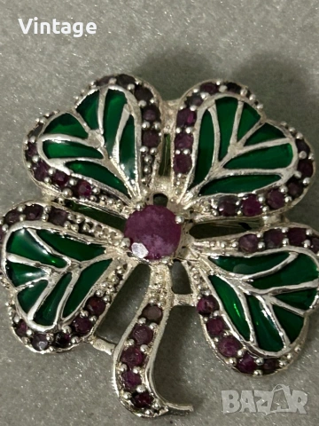 Изискана сребърна брошка/ медальон с рубини и емайл , снимка 7 - Колиета, медальони, синджири - 53668826