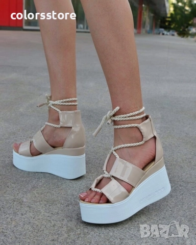Сандали на платформа - бежов лак с бяло ходило - 311 , снимка 2 - Сандали - 51492650