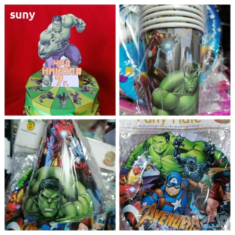 Картонена торта Хълк, чашки,чинийки,шапки,покривка,медали,играчки,сламки,свирки,парти артикули