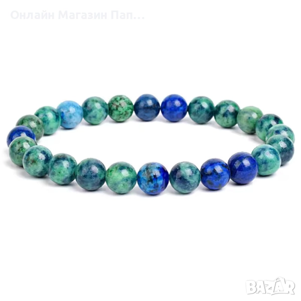 Гривна Феникс от лапис лазули – сини и зелени мъниста 8мм, 19см, снимка 1