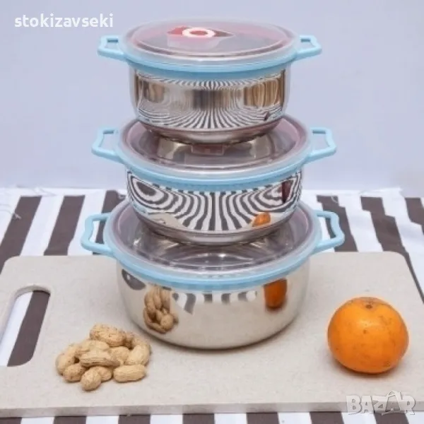 Комплект стоманени купи с вакуумен капак с дръжки отстрани, снимка 1