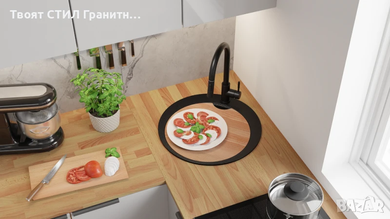 Черна кръгла кухненска мивка от гранит Пиза 45 Top 500 x 500 мм, снимка 1