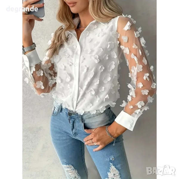 Бяла риза с цветя и ръкави от тюл , снимка 1