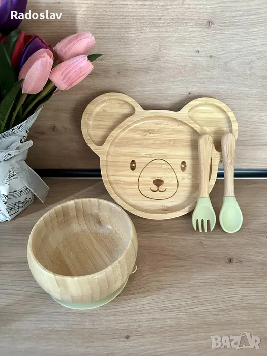 Детски бамбуков комплект за хранене с вакуумно дъно 4 части, снимка 1