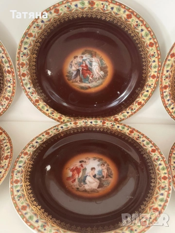 Сет  6+1 от порцеларови чинии «Трите грации», митологични мотиви, снимка 8 - Антикварни и старинни предмети - 53134658