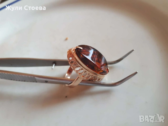Руски златен пръстен с естествен кехлибар, снимка 2 - Пръстени - 53064798