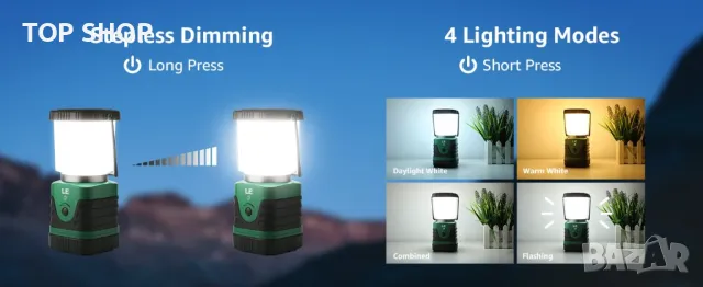 LED акумулаторен фенер за къмпинг, 2 бр /1000 LM, 4 светлинни режима, 4400 mAh Power Bank,, снимка 6 - Лампи за стена - 48788746