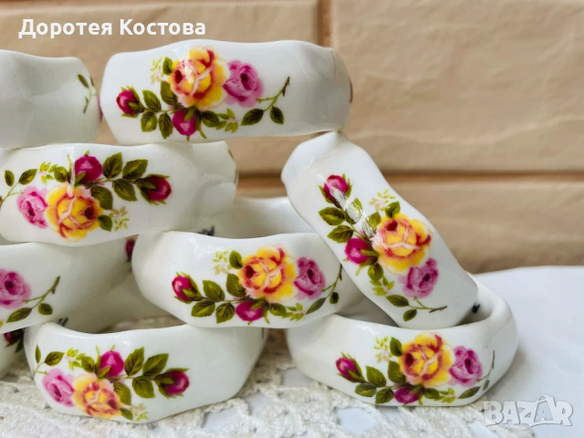 Красиви 12 пръстена от Англия от костен порцелан с рози , снимка 4 - Антикварни и старинни предмети - 53701848
