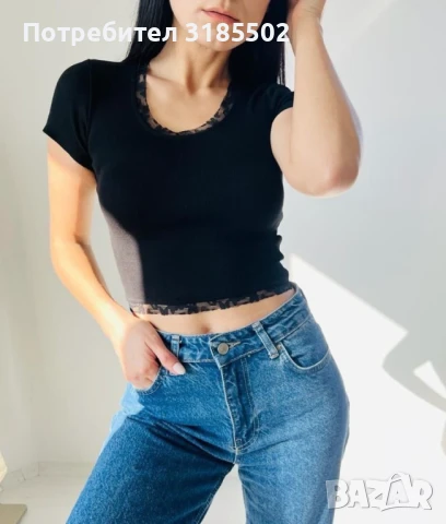 Къса дамска секси тениска с дантела на ръкавите / Цвят: бял, черен / Размер: С, М, Л, снимка 2 - Тениски - 51194940