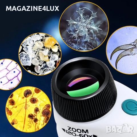 Преносим микроскоп с LED светлина, 60x-120x увеличение и стойка за смартфон, снимка 6 - Други - 53958771