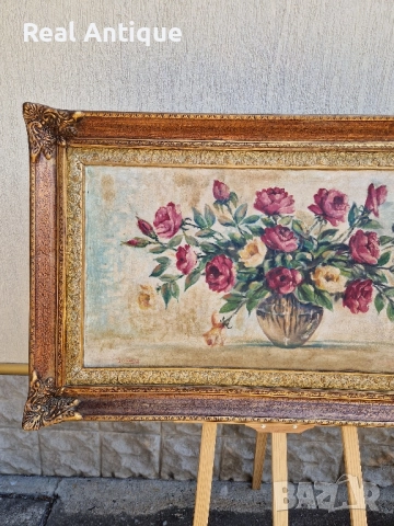 Натюрморт голям антикварен масло платно автор рамка , снимка 5 - Картини - 51686446
