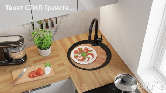 Черна кръгла кухненска мивка от гранит Пиза 45 Top 500 x 500 мм