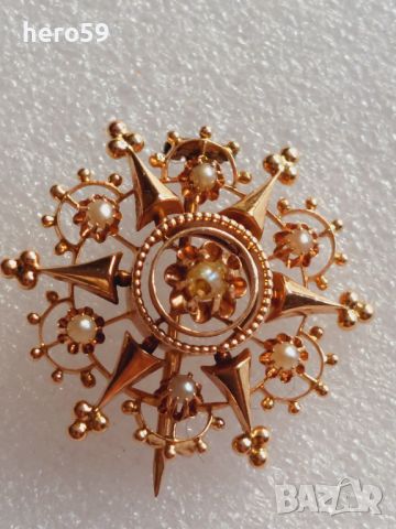 Антикварна златна брошка с перли,злато585., снимка 1 - Колиета, медальони, синджири - 46475360