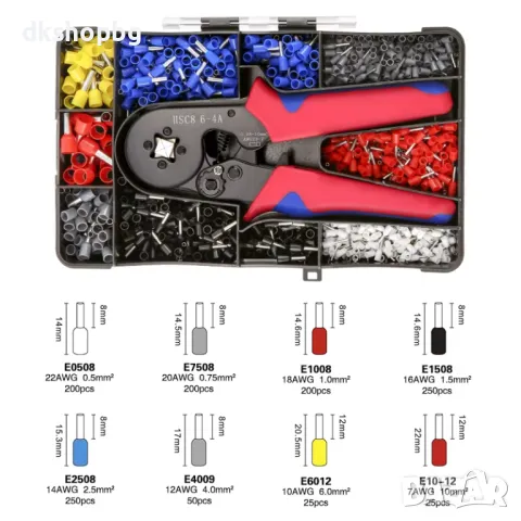4391 Инструмент за кримпване HSC8 6-4A с комплект от 1200 накрайника и прозрачна кутия за съхранение, снимка 6 - Други инструменти - 48987802