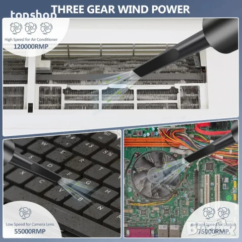 Terawetre Пневматична прахосмукачка за компютър, 3-скоростна регулируема, акумулаторна, безкабелна, снимка 3 - Прахосмукачки - 50455379