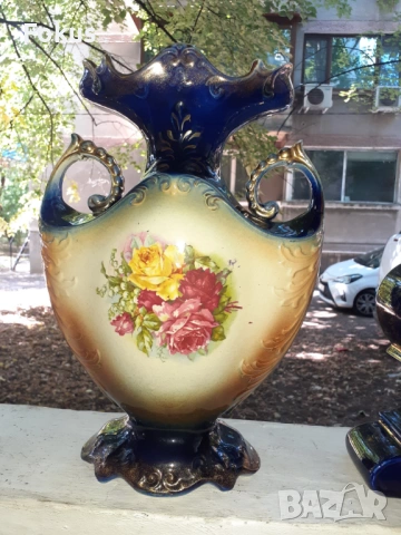 Невероятен стар английски часовник кобалт с позлата две вази, снимка 5 - Антикварни и старинни предмети - 53461054