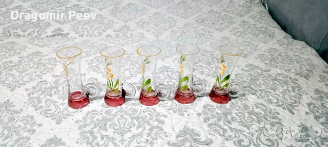 	Ретро сервиз чаши за ликьор/ракия, Ръчно рисувано стъкло, Винтидж стил