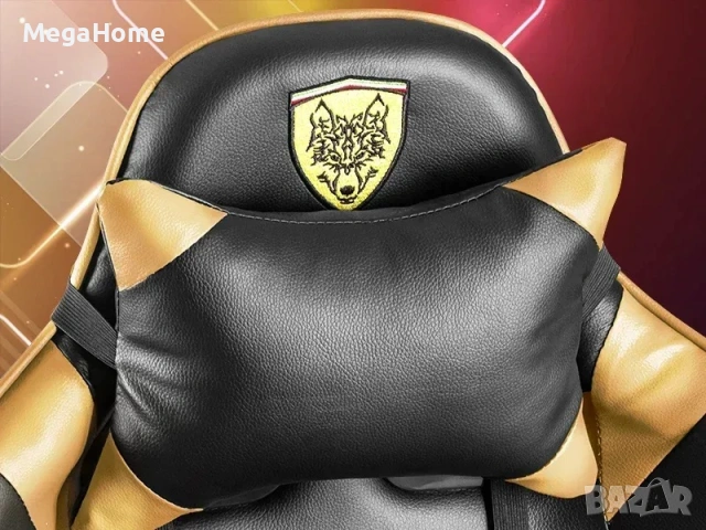 Стилен геймърски стол с масажна възглавница в златисто + Поставка за крака, снимка 4 - Столове - 53337355