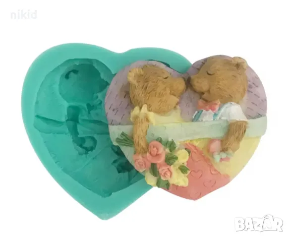 мечета мече младоженци в сърце сватбен силиконов молд форма фондан шоколад гипс декор, снимка 3 - Форми - 50163977