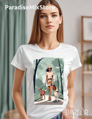 Дамска тениска момиче разхожда кучета, снимка 1 - Тениски - 46154696