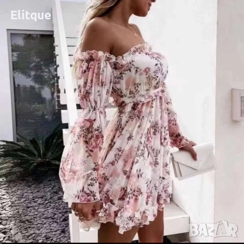 Ефирна флорална рокля с паднали ръкави, снимка 4 - Рокли - 53532622