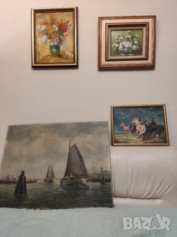 ПРОМО! 3бр. маслени картини в/у платно-натюрморт цветя и морски пейзаж, снимка 7 - Антикварни и старинни предмети - 53390178