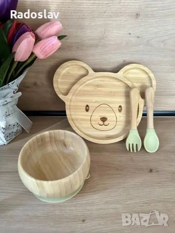 Детски бамбуков комплект за хранене с вакуумно дъно 4 части