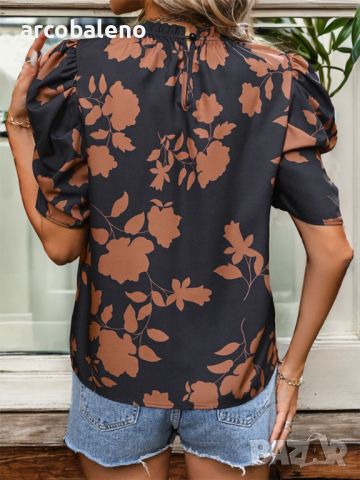 Нова щампована елегантна дамска риза с кръгла яка и обли ръкави, снимка 3 - Ризи - 46411369