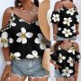 Макси красива модерна блуза с отворени рамена, къдрички и клоширани къси ръкави в черно на цветя, снимка 1 - Туники - 45312082