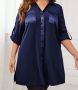 Стилна елегантна дълга туника/тип риза с джобове, високи странични цепки, свалящи се ръкави в синьо, снимка 1 - Ризи - 45827030