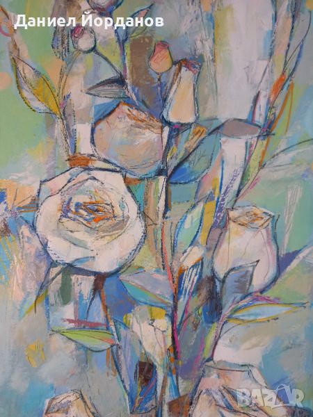 Картина маслени бои на платно "Бели рози", 40 х 80 см, снимка 1