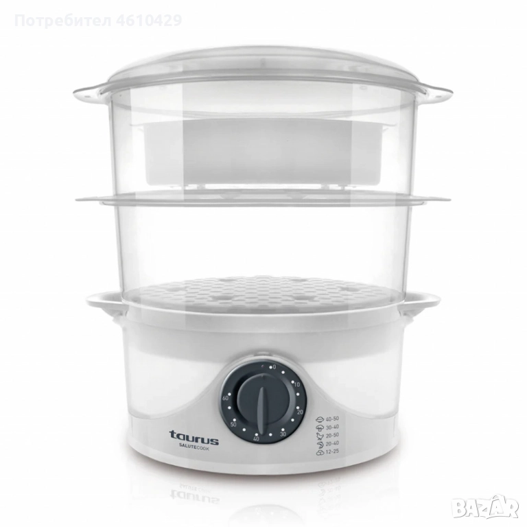 Уред за готвене на пара Taurus Salutecook 800W, 6 л, таймер 60 мин, 2 съда за готвене, съд за бял ор, снимка 1