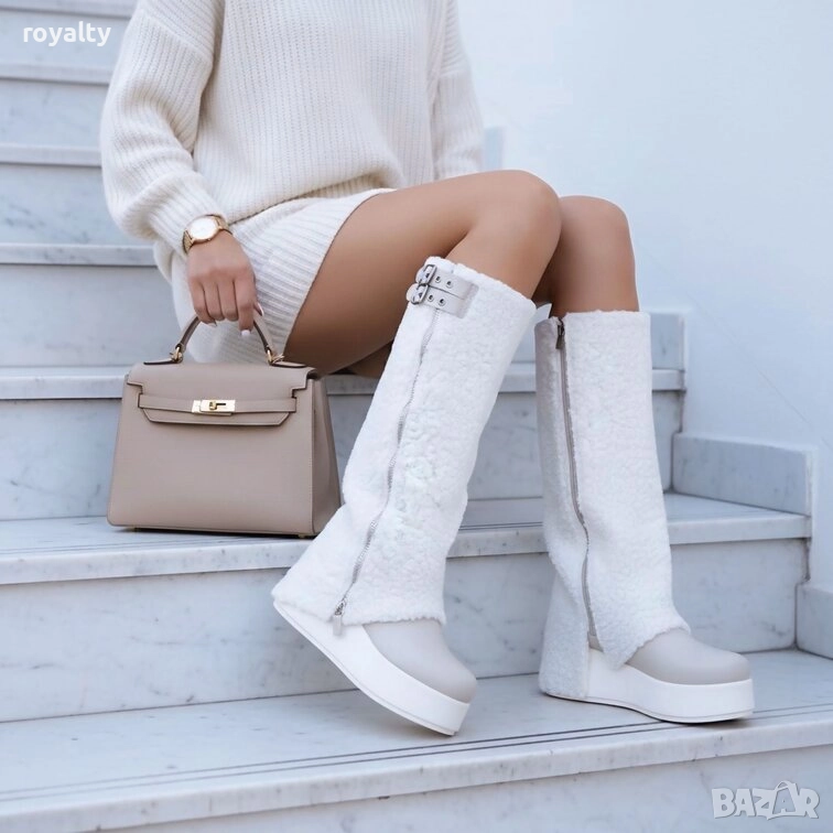 Ботуши на платформа - бежова кожа, снимка 1