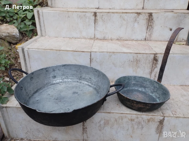 Стар меден тиган и медна тава с дръжки, снимка 1