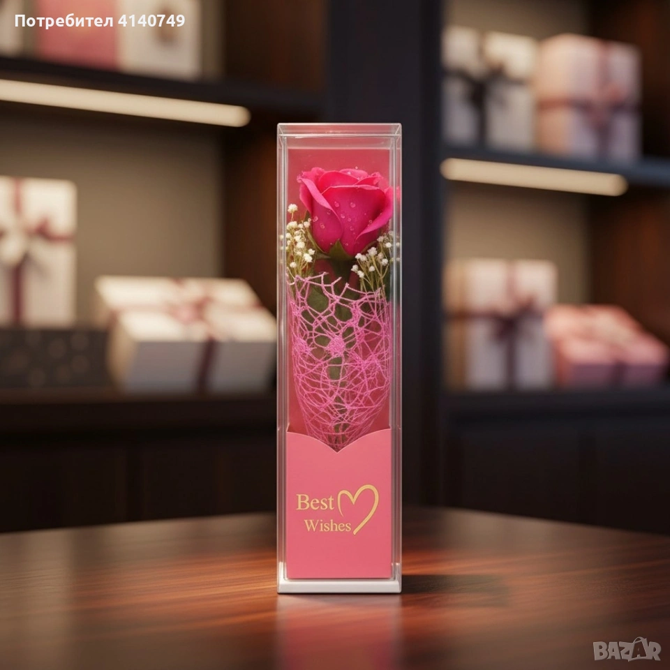 Декоративна единична роза в подаръчна кутия „Best Wishes“, снимка 1