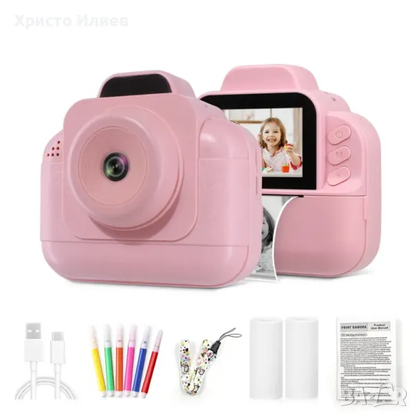 Детски фотоапарат за моментни снимки с дисплей мини термален Принтер с хартия комплект Розов Син, снимка 1