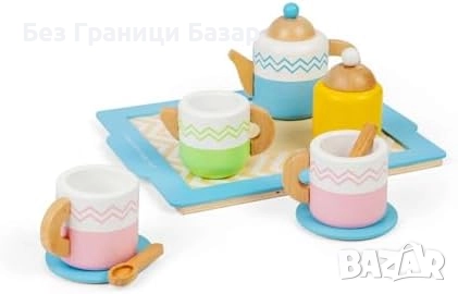 Нов Дървен комплект за чай с поднос 10 части играчка за деца 18 месеца, снимка 1