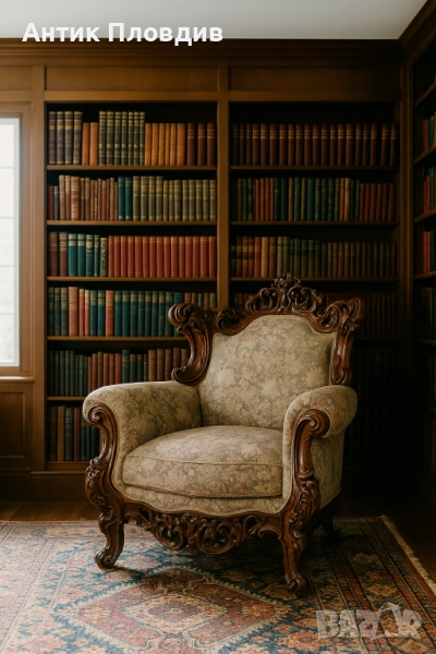 Антично кресло с ръчно резбована дървена рамка и флорална дамаска, снимка 1