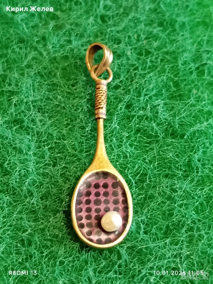 Сребърен медальон във формата на тенис ракета с Перла красив подарък за спортисти 52556, снимка 1