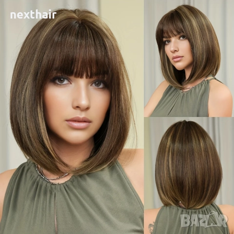 Къса дамска кафява перука с руси кичури и бретон, снимка 2 - Аксесоари за коса - 50287039