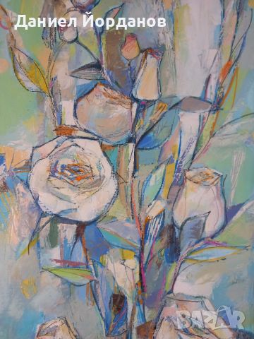 Картина маслени бои на платно "Бели рози", 40 х 80 см, снимка 1 - Картини - 44179215