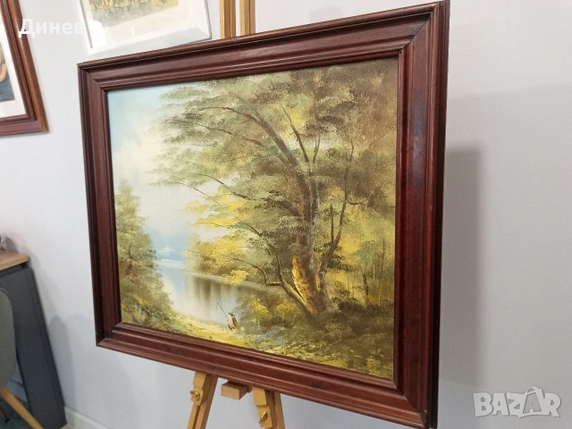 „Спокойствие край езерото“ – Авторска маслена живопис в масивна рамка, снимка 3 - Картини - 53966492