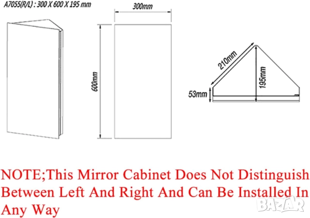 Ъглов Шкаф с Огледало за Баня, Стенен Монтаж, от Неръждаема Стомана, 3 Рафта, 60×30×19 см!, снимка 11 - Шкафове - 52859543