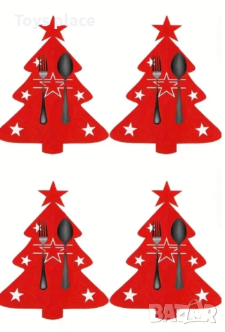 Комплект 12 калъфи за прибор, модел коледна елха, филц, червен Коледна декорация за маса, снимка 2 - Декорация за дома - 52723130