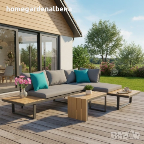 Градински комплект KANZA – модулен ъглов диван с маса, алуминий, възглавници, модерен дизайн