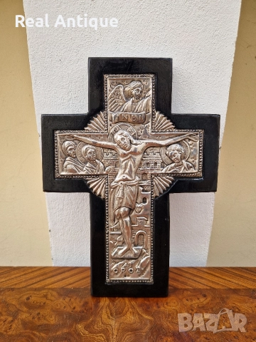 Страхотна антикварна сребърна икона кръст сертификат маркировки 