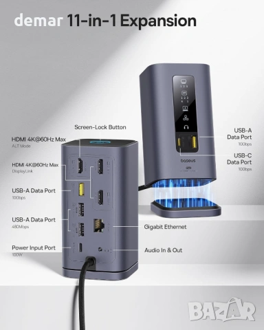 Докинг станция Baseus SpaceMate за MacBook и Windows, 3*4K HDMI,10Gbps, снимка 4 - Кабели и адаптери - 53373500