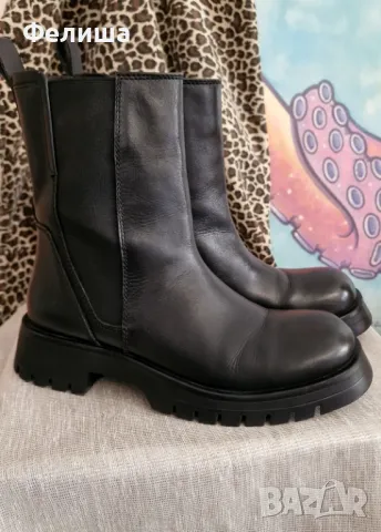 Стилни Ежедневни Черни Боти Естествена Кожа ZARA Chunky Chelsea Колекция, снимка 11 - Дамски ботуши - 50150130
