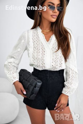 Дамска памучна блуза в бяло с дълъг ръкав и бродерия, снимка 6 - Блузи с дълъг ръкав и пуловери - 45418277